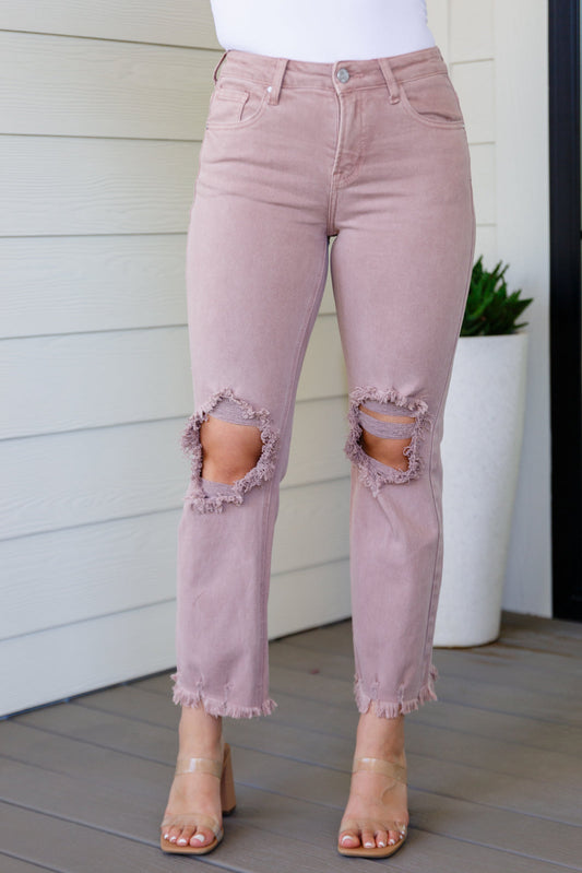 Babs High Rise Distressed Straight Risen Jeans in Mauve