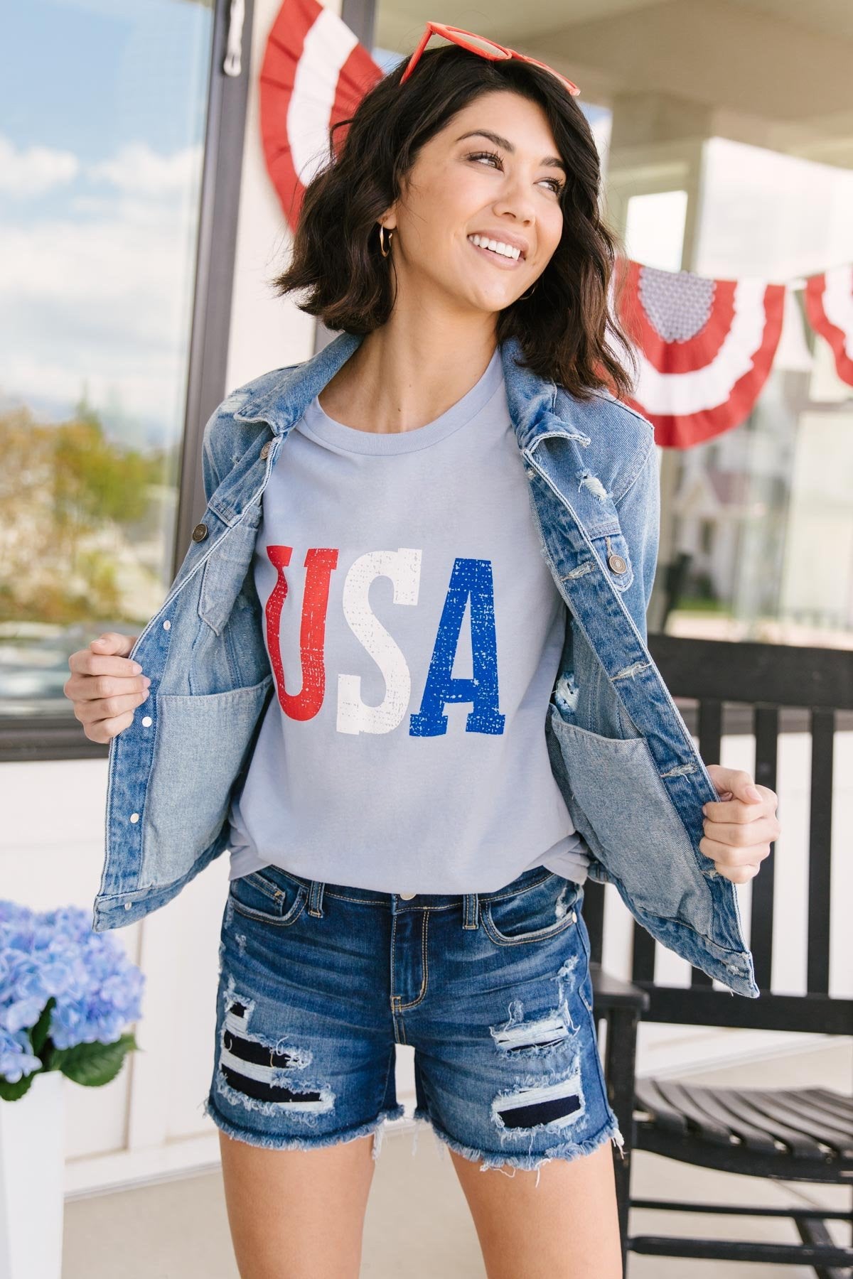 Born In The USA Graphic Tee In Baby Blue