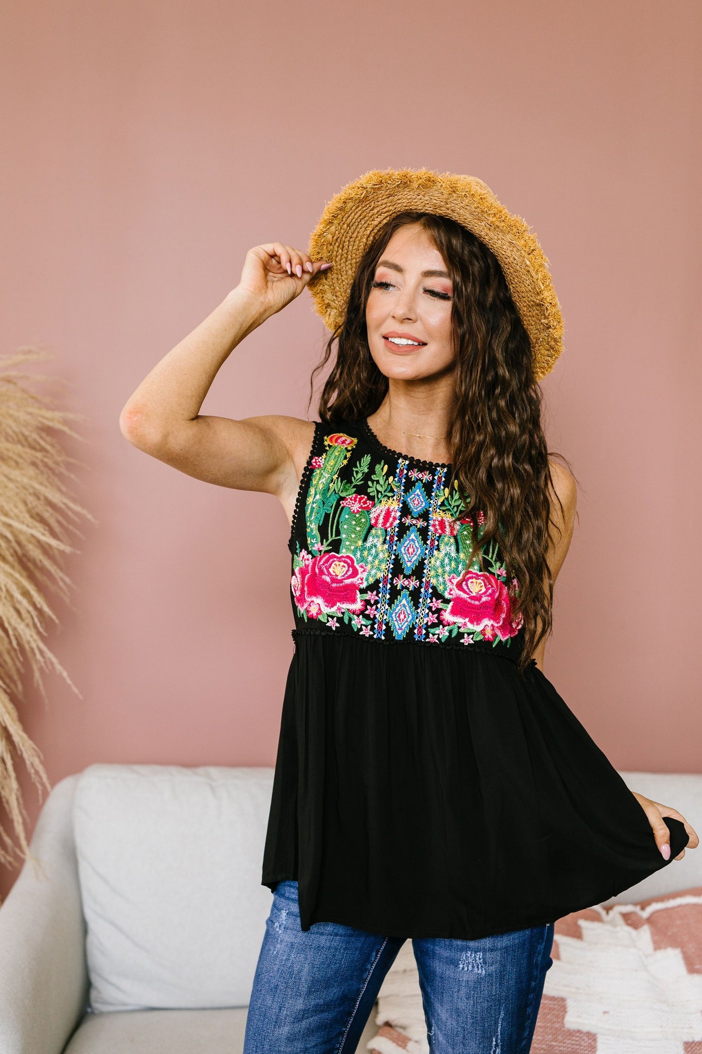 Bloom In The Desert Embroidered Top In Black