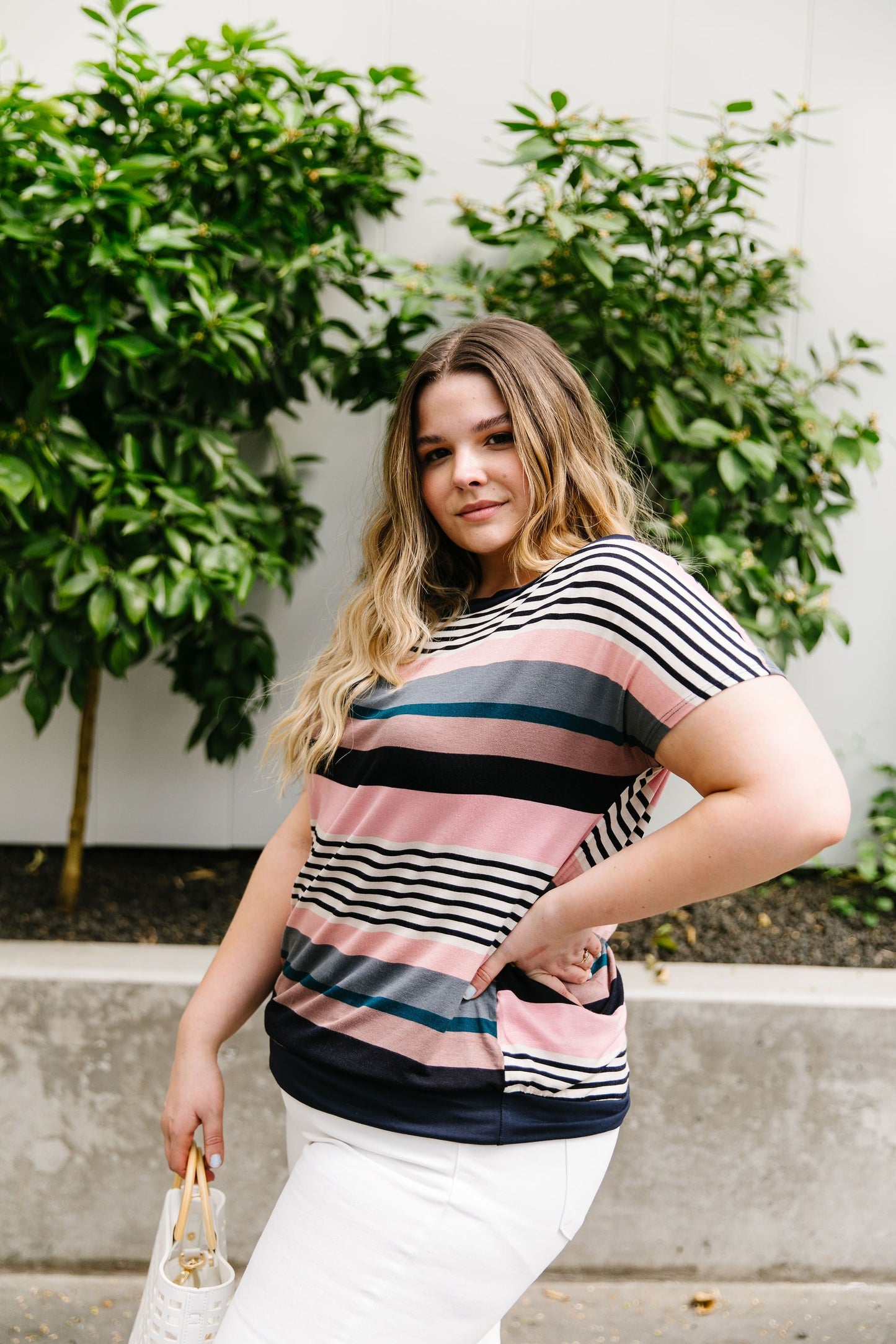 Happy Stripes Boatneck Top In Pink