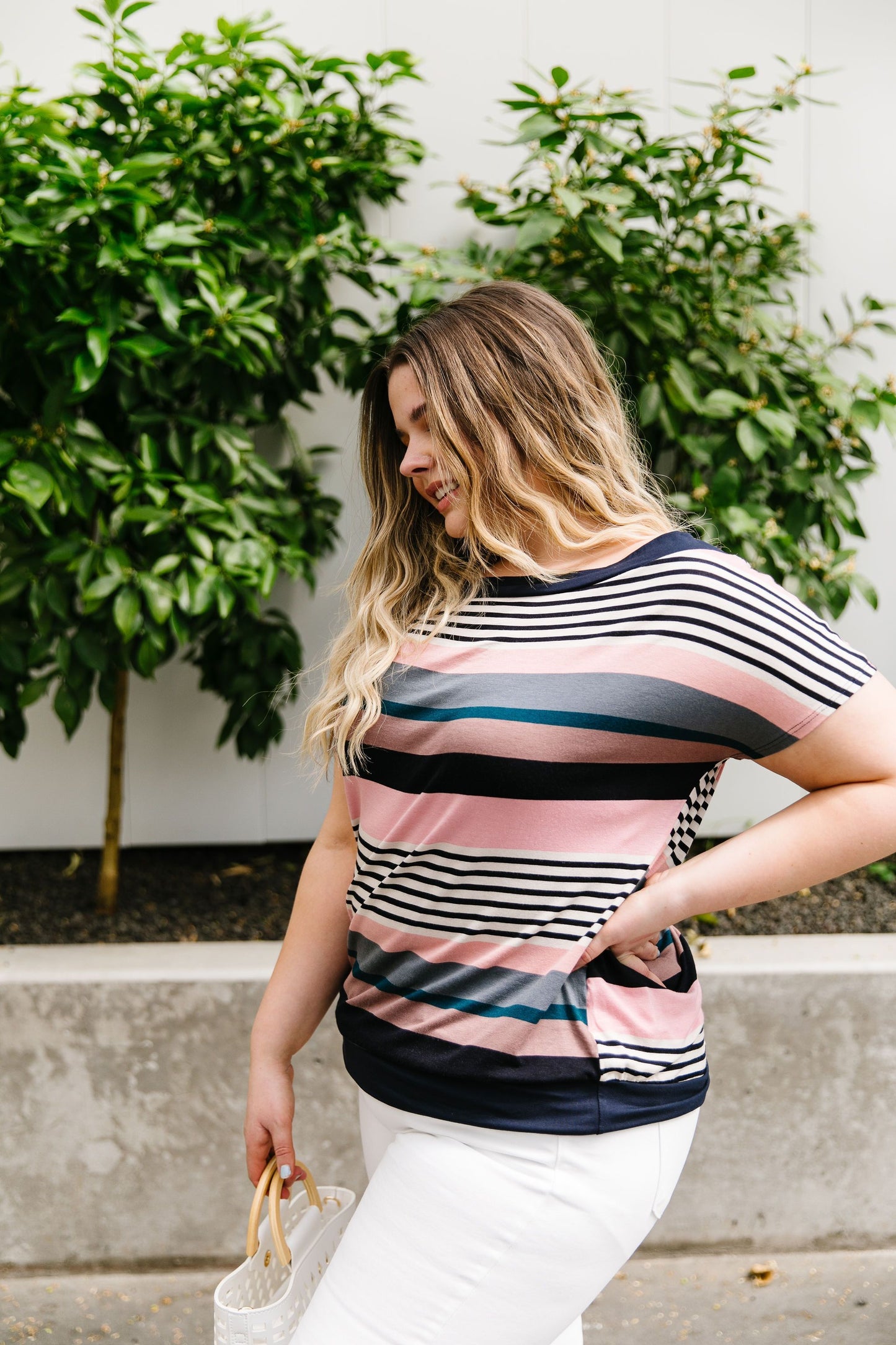 Happy Stripes Boatneck Top In Pink