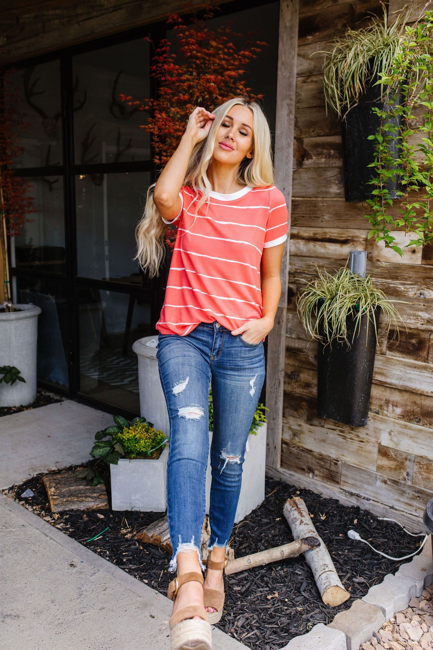 Play Day Coral Striped Top